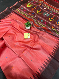 Pure tussar silk Handwoven Dolabedi pallu Hand temple border Tussar Silk Saree g