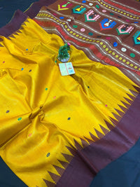 Pure tussar silk Handwoven Dolabedi pallu Hand temple border Tussar Silk Saree g